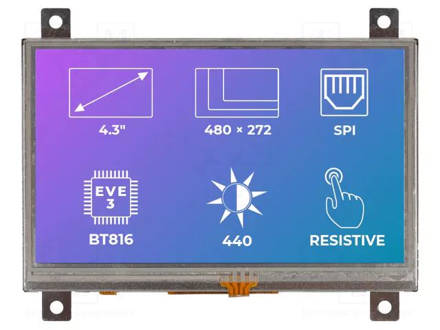 Display: TFT; 4.3"; 480x272; Illumin: LED; Dim: 106.3x68x8.05mm Riverdi SM-RVT43ALBFWR00