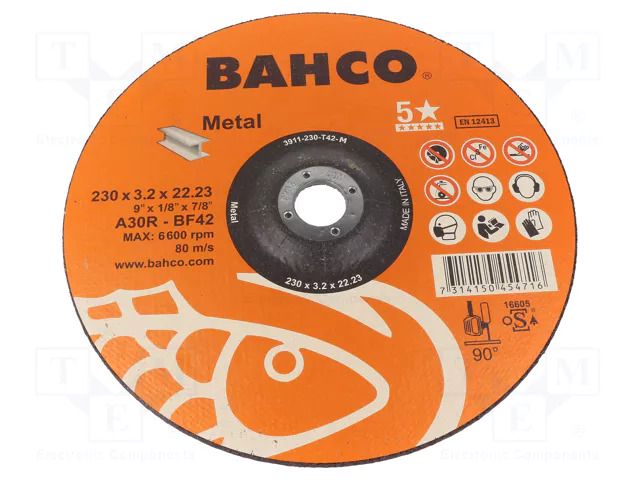 Cutting wheel; Ø: 230mm; Disc thick: 3.2mm; steel; 22.23mm BAHCO SA.3911-230-T42-M