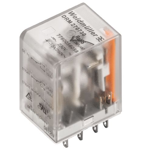 DRM270024L Реле, 24 В DC, 4CO, AgNi flash позолоченное, 5 A, штекерное соединение, LED, Weidmuller 7760056088 4032248855766