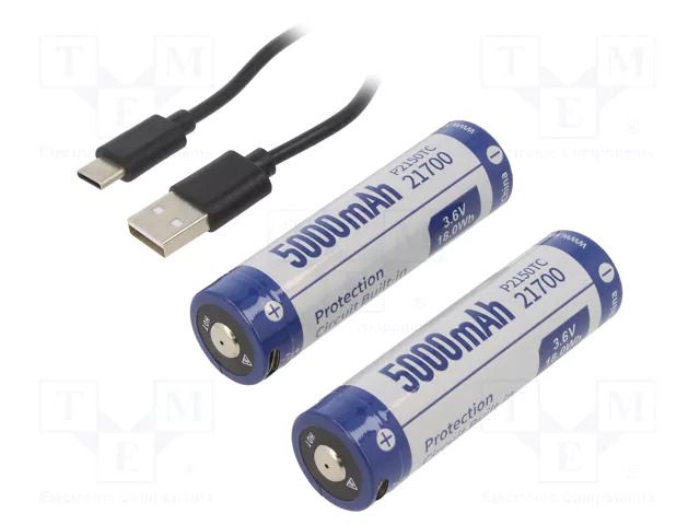 Re-battery: Li-Ion; 21700; 3.6V; 5000mAh; Ø21.4x76.7mm; 2pcs. KEEPPOWER KP-ICR21700-PCMUSB