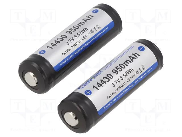 Re-battery: Li-Ion; 14430,4/5AA; 3.7V; 950mAh; Ø14.3x45.8mm; 1.8A KEEPPOWER KP-ICR14430-95PCM