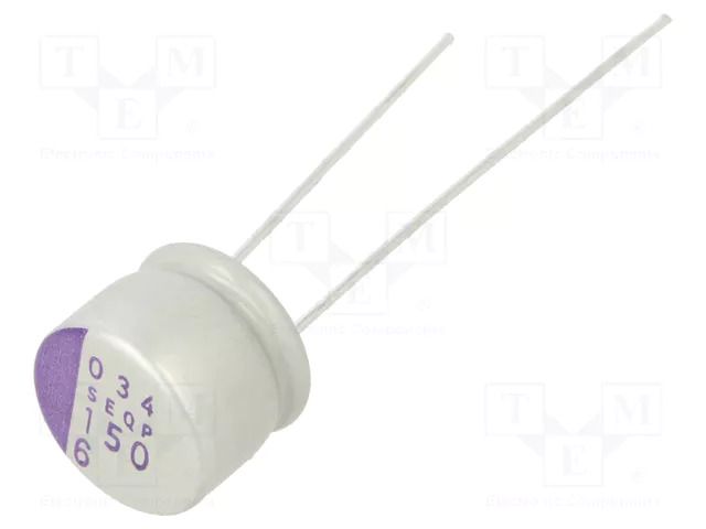 Capacitor: polymer; 150uF; 6.3VDC; THT; ±20%; Ø8x7mm; Pitch: 3.5mm PANASONIC 6SEQP150M