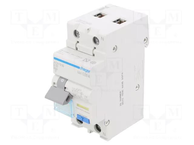 RCBO breaker; Inom: 16A; Ires: 30mA; Max surge current: 250A; IP20 HAGER ADH916