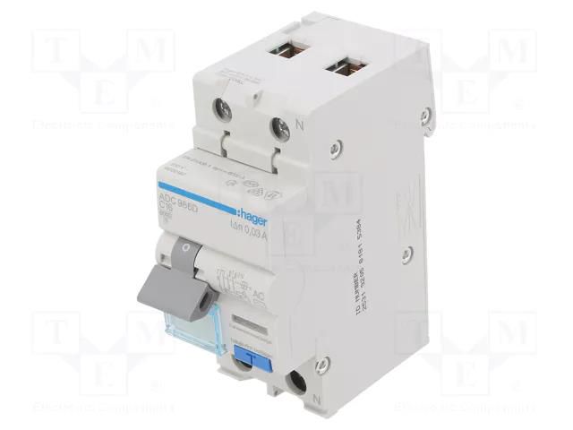 RCBO breaker; Inom: 16A; Ires: 30mA; Max surge current: 250A; IP20 HAGER ADC966D