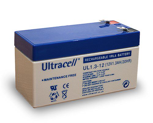 UL lead acid battery 12 V, 1.3 Ah (UL1.3-12), white-blue - Faston (4.8mm) lead acid battery, VdS 78243