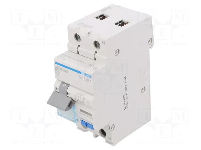 RCBO breaker; Inom: 25A; Ires: 30mA; Max surge current: 250A; IP20 HAGER ADC925D