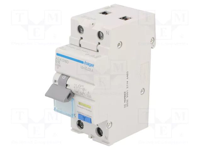 RCBO breaker; Inom: 16A; Ires: 30mA; Max surge current: 250A; IP20 HAGER ADA516D