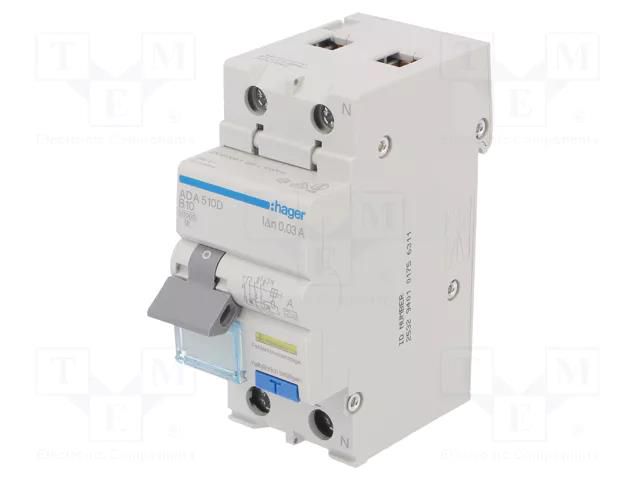 RCBO breaker; Inom: 10A; Ires: 30mA; Max surge current: 250A; IP20 HAGER ADA510D