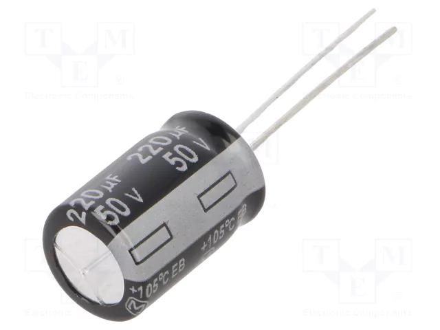 Capacitor: electrolytic; THT; 220uF; 50VDC; Ø10x16mm; Pitch: 5mm PANASONIC EEUEB1H221B