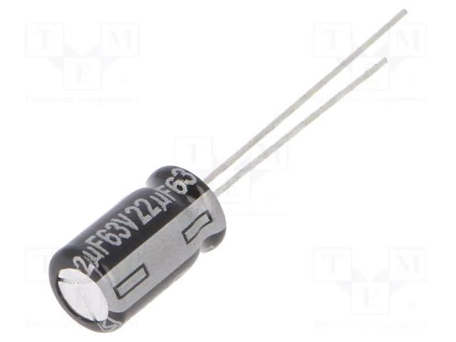 Capacitor: electrolytic; THT; 22uF; 63VDC; Ø6.3x11.2mm; ±20%; 5000h PANASONIC EEUEB1J220S