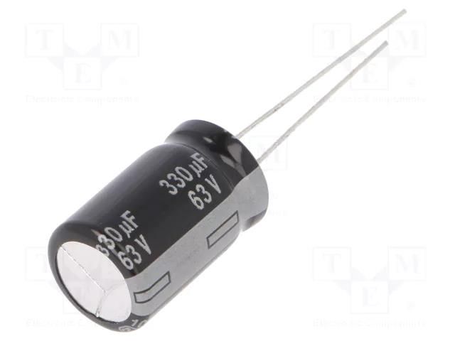 Capacitor: electrolytic; THT; 330uF; 63VDC; Ø12.5x20mm; Pitch: 5mm PANASONIC EEUEB1J331