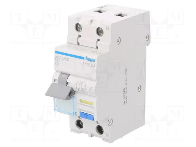 RCBO breaker; Inom: 20A; Ires: 30mA; Max surge current: 250A; IP20 HAGER ADC920D