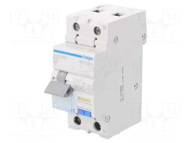 RCBO breaker; Inom: 20A; Ires: 30mA; Max surge current: 250A; IP20 HAGER ADC920D