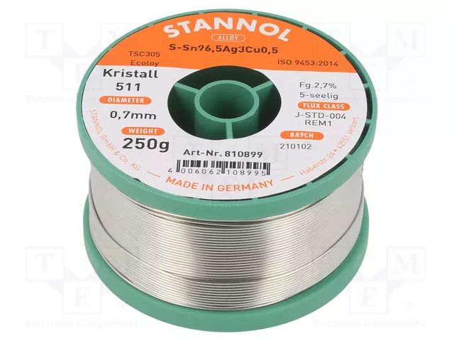 Tin; lead free; Sn96,5Ag3Cu0,5; 0.7mm; 0.25kg; reel; 217÷220°C STANNOL SAC305K511/0.7/250