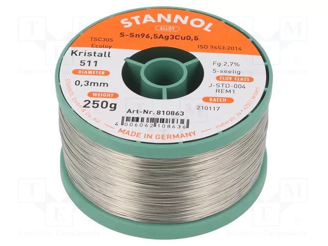 Tin; lead free; Sn96,5Ag3Cu0,5; 0.3mm; 0.25kg; reel; 217÷220°C STANNOL SAC305K511/0.3/250