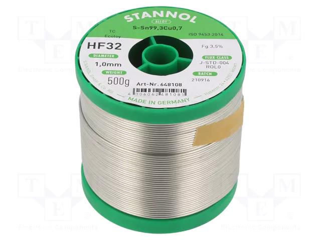 Tin; lead free; Sn99,3Cu0,7; 1mm; 0.5kg; reel; 227°C; Flux: SW32 STANNOL S99C1HF32/1.0/0.5