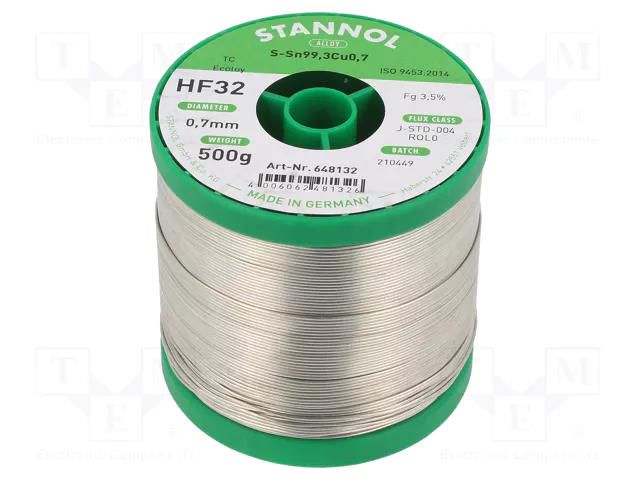 Tin; lead free; Sn99,3Cu0,7; 0.7mm; 0.5kg; reel; 227°C; Flux: SW32 STANNOL S99C1HF32/0.7/0.5