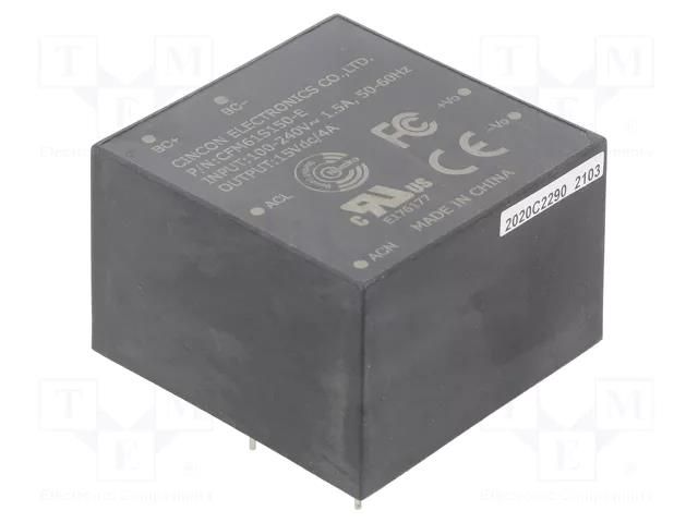 Converter: AC/DC; 60W; Uin: 90÷264VAC,120÷370VDC; Uout: 15VDC; 89% CINCON CFM61S150-E