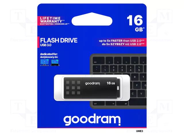 Pendrive; USB 3.0; 16GB; R: 60MB/s; W: 20MB/s; black; USB A GOODRAM UME3-0160K0R11
