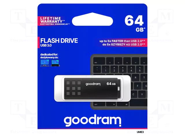 Pendrive; USB 3.0; 64GB; R: 60MB/s; W: 20MB/s; black; USB A GOODRAM UME3-0640K0R11