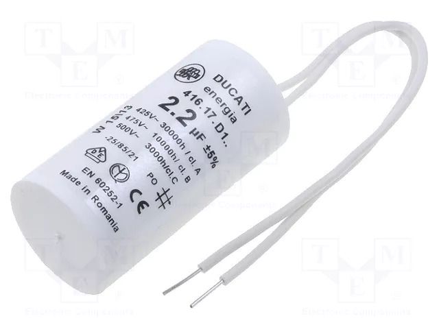 Capacitor: polypropylene; motors, run; 2.2uF; 475VAC; Ø28x55mm DUCATI ENERGIA 4.16.17.D1.06