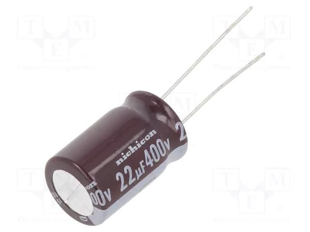 Capacitor: electrolytic; THT; 22uF; 400VDC; Ø12.5x20mm; Pitch: 5mm NICHICON UCS2G220MHD1TO