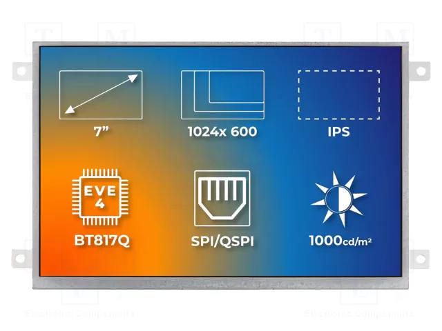 Display: TFT; 7"; 1024x600; Illumin: LED; Dim: 181.6x100.6x11.09mm Riverdi RVT70HSBFWN00