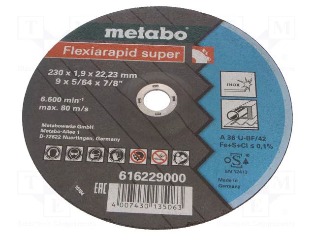 Cutting wheel; Ø: 230mm; Disc thick: 1.9mm; steel,stainless steel METABO MTB.616229000