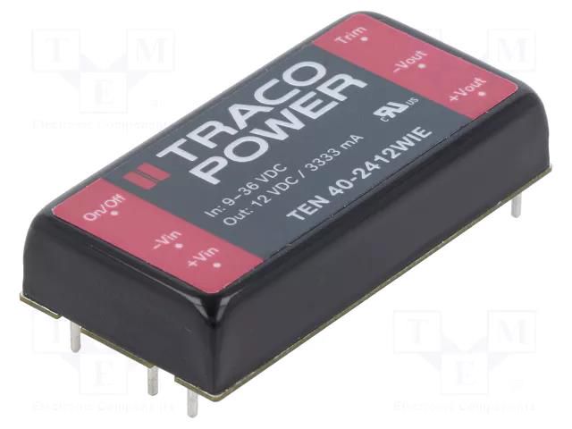 Converter: DC/DC; 40W; Uin: 9÷36VDC; Uout: 12VDC; Iout: 3333mA; 2"x1" TRACO POWER TEN40-2412WIE