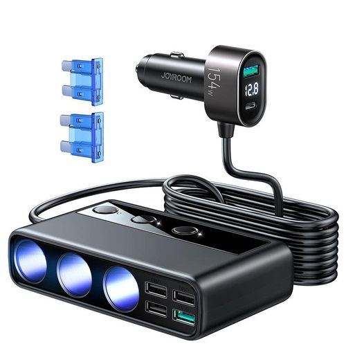 Joyroom JR-CL06 9in1 car charger 154W 5x USB-A / USB-C / 3x cigarette lighter socket PD QC PPS - black, Joyroom 6941237165121 6941237165121