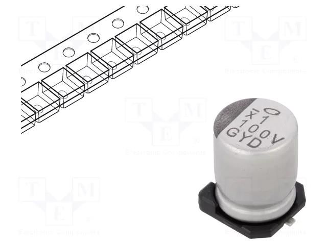 Capacitor: hybrid; 100uF; 35VDC; SMD; ESR: 27mΩ; ±20%; Ø8x10mm; 1.4A NICHICON GYD1V101MCQ1GS