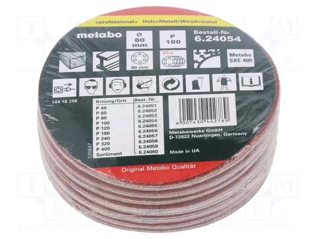 Sanding plate; Granularity: 100; Mounting: self-adhesive; Ø80mm METABO MTB.624054000