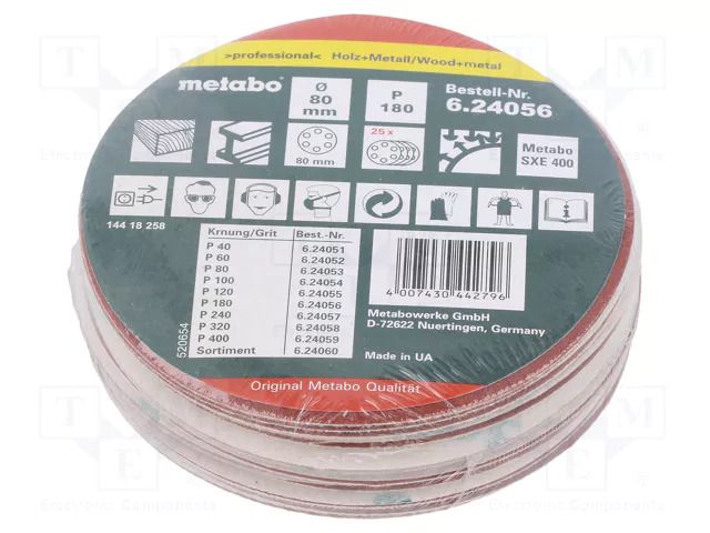 Sanding plate; Granularity: 180; Mounting: bur; wood,metal; Ø80mm METABO MTB.624056000