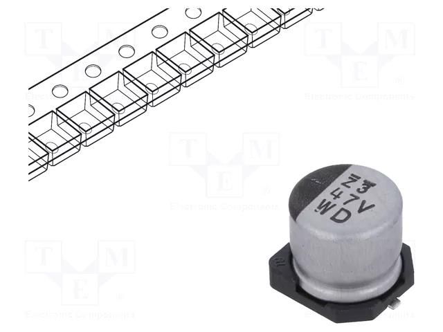 Capacitor: electrolytic; SMD; 47uF; 35VDC; Ø6.3x5.8mm; ±20%; 2000h NICHICON UWD1V470MCL1GS