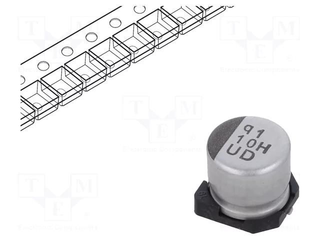 Capacitor: electrolytic; SMD; 10uF; 50VDC; Ø6.3x5.8mm; ±20%; 2000h NICHICON UUD1H100MCL1GS
