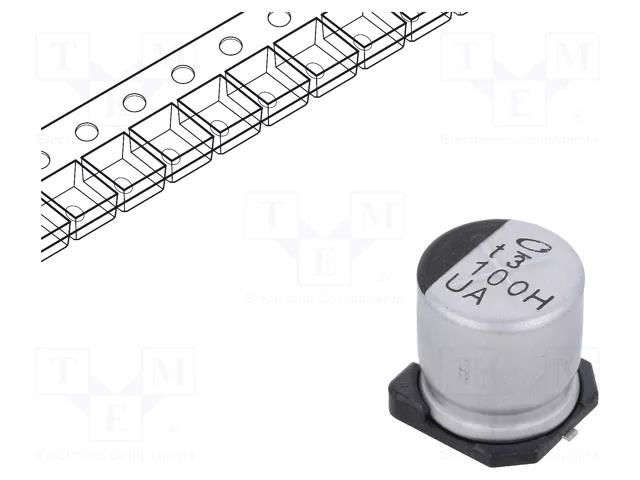 Capacitor: electrolytic; SMD; 100uF; 50VDC; Ø10x10mm; ±20%; 5000h NICHICON UUA1H101MNL1GS