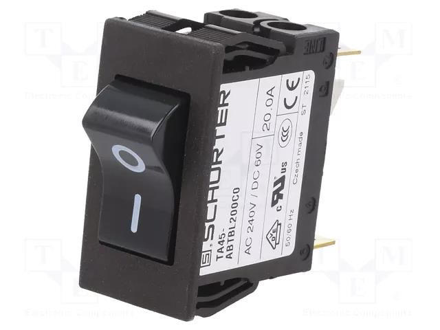 Circuit breaker; Urated: 240VAC; 60VDC; 20A; DPST; Poles: 1; SNAP-IN SCHURTER TA45-ABTBL200C0