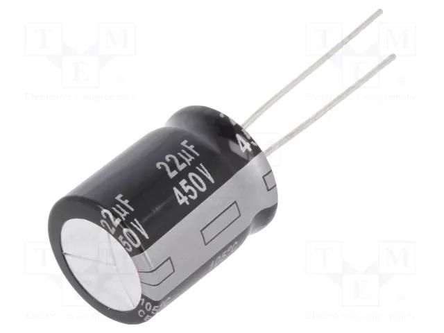 Capacitor: electrolytic; THT; 22uF; 450VDC; Ø16x20mm; Pitch: 7.5mm PANASONIC EEUED2W220S