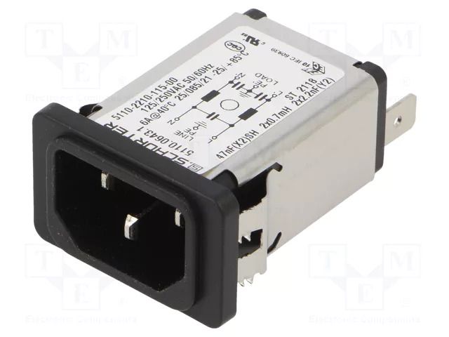Connector: AC supply; socket; male; 6A; 250VAC; C14 (E); 5110 SCHURTER 5110.0643.1