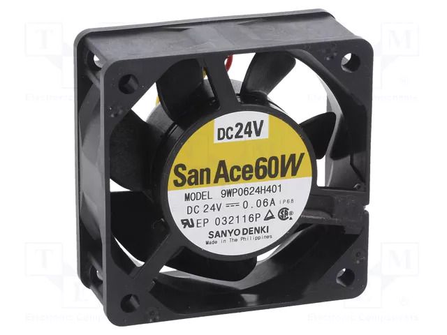 Fan: DC; axial; 24VDC; 60x60x25mm; 31.8m3/h; 28dBA; ball; 3800rpm SANYO DENKI 9WP0624H401