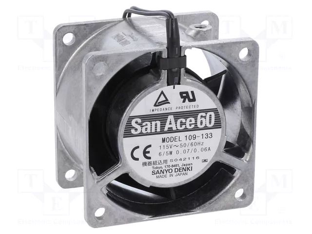 Fan: AC; axial; 60x60x38mm; 19.8m3/h; 28dBA; ball; 2600rpm; 115VAC SANYO DENKI 109-133