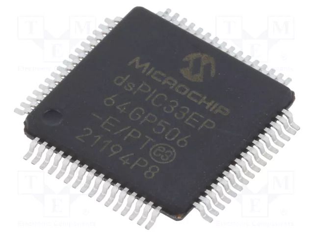 IC: dsPIC microcontroller; 64kB; 8kBSRAM; TQFP64; DSPIC; 0.5mm MICROCHIP TECHNOLOGY 33EP64GP506-E/PT