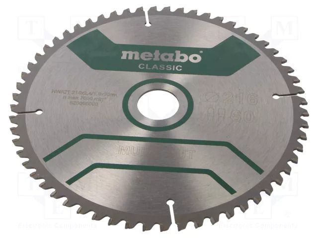 Circular saw; Ø: 216mm; Teeth: 60; Disc thick: 2.4mm; HW/CT; 30mm METABO MTB.628066000