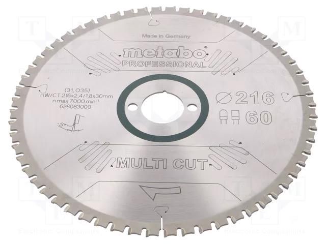 Circular saw; Ø: 216mm; Øhole: 30mm; Teeth: 60; Disc thick: 2.4mm METABO MTB.628083000