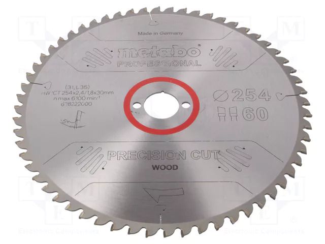 Circular saw; Ø: 254mm; Teeth: 60; Disc thick: 2.4mm; HW/CT; 30mm METABO MTB.628222000