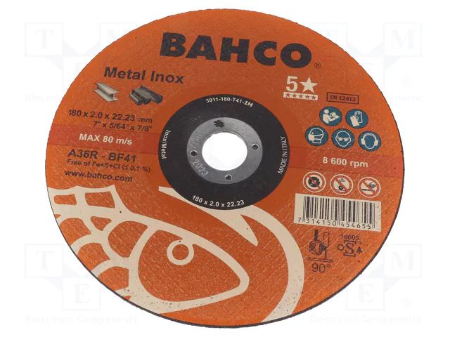 Cutting wheel; Ø: 180mm; Disc thick: 2mm; Holder: assembly hole BAHCO SA.3911-180-T41-IM