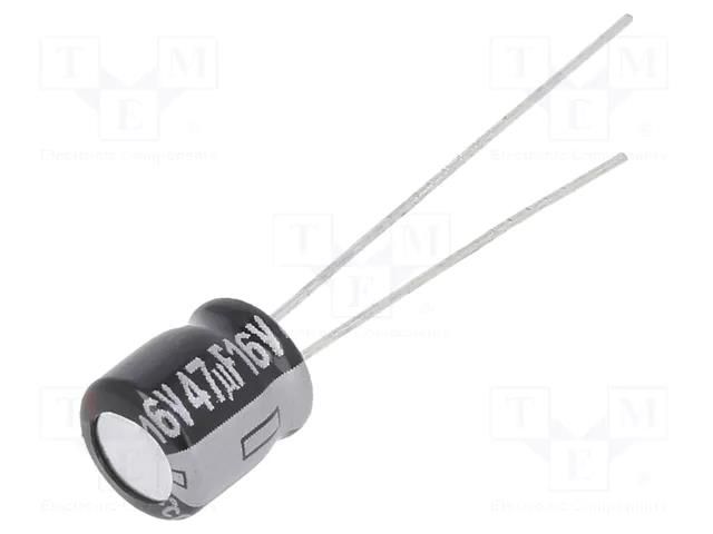 Capacitor: electrolytic; THT; 47uF; 16VDC; Ø6.3x7mm; Pitch: 2.5mm PANASONIC EEAGA1C470