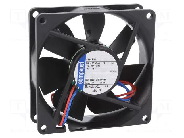 Fan: DC; axial; 24VDC; 80x80x25.4mm; 45m3/h; 21dBA; ball; 2050rpm EBM-PAPST 8414NML