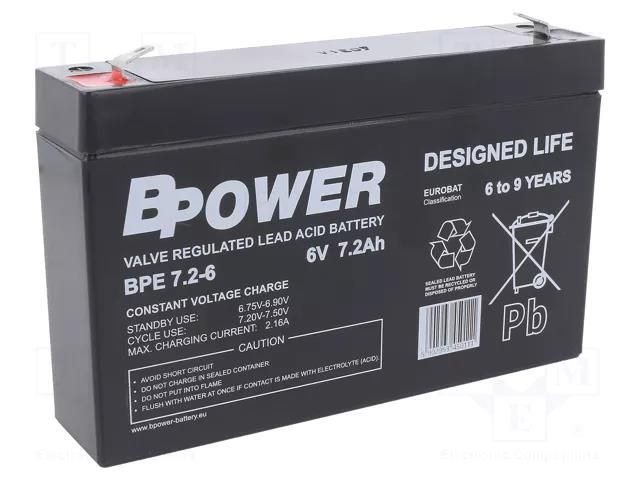 Re-battery: acid-lead; 6V; 7.2Ah; AGM; maintenance-free; 1.2kg; BPE BPOWER ACCU-BPE7.2-6T1/BP