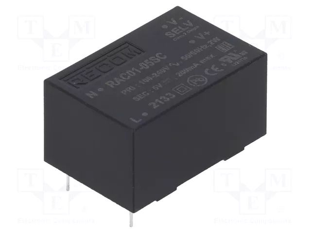 Converter: AC/DC; 1W; Uin: 80÷264VAC,115÷370VDC; Uout: 5VDC; 68% RECOM RAC01-05SC